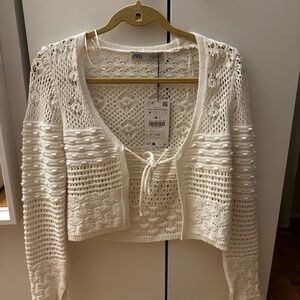 Zara White Knit Crochet Cardigan